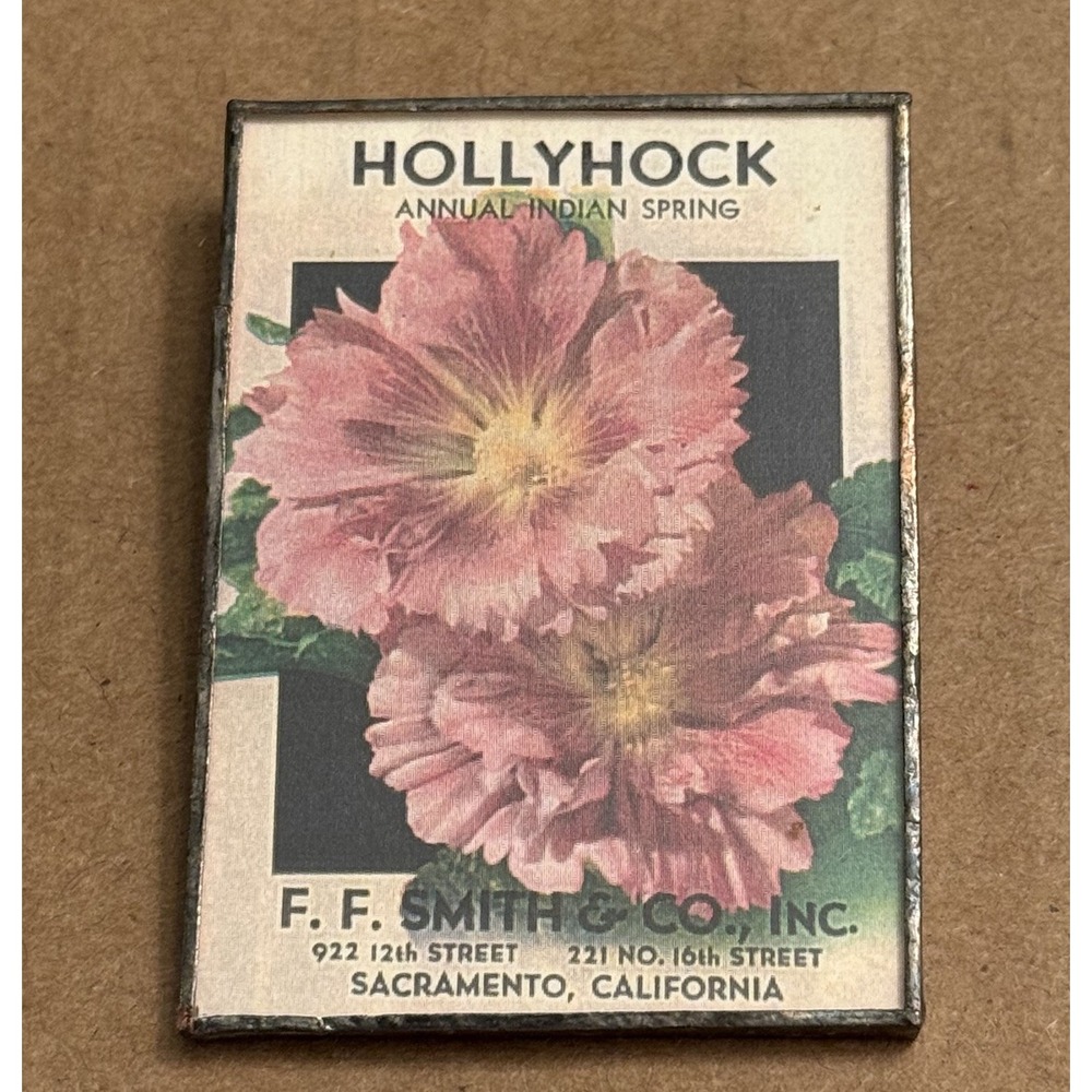 Hollyhock Brooch Pin Flowers Sacramento California F.F. Smith Rectangle VTG 1998